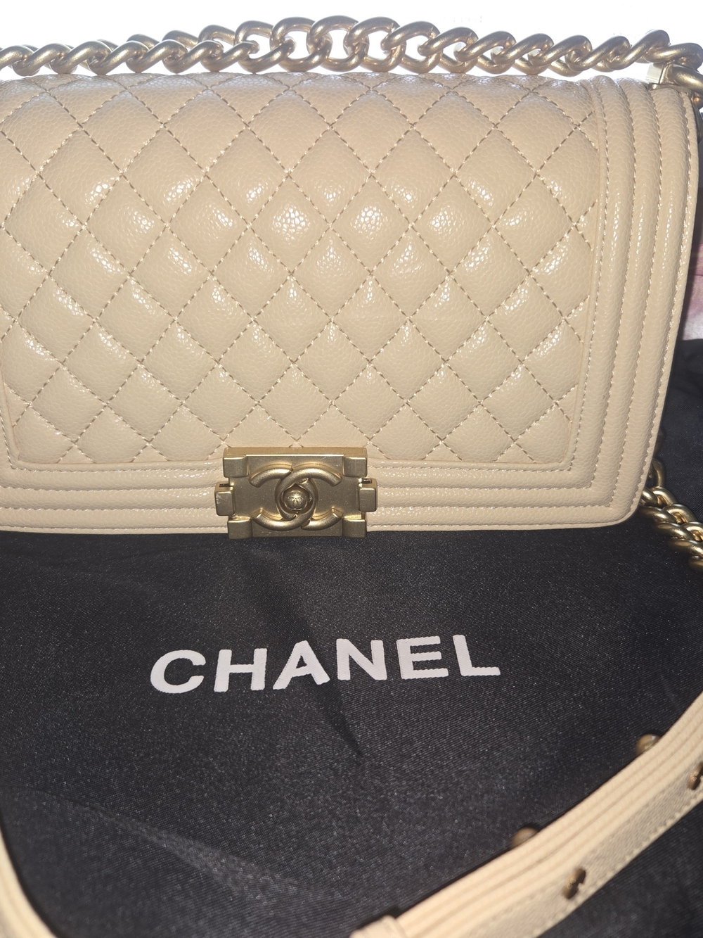Designer Inspired Beige Quilted Flap Shoulder Bag with Gold Hardware